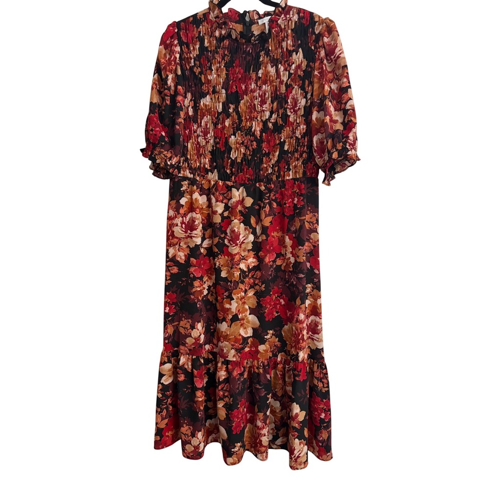 London Times Floral Smocked Midi Dress Red Orange Autumn Puff Sleeve Size 14